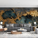 Contemporary dining room setting with a moody slate and metallic gold abstract mural