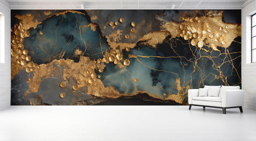 Modern living room featuring a dramatic gold and charcoal slate mural wall behind a sleek dark sofa