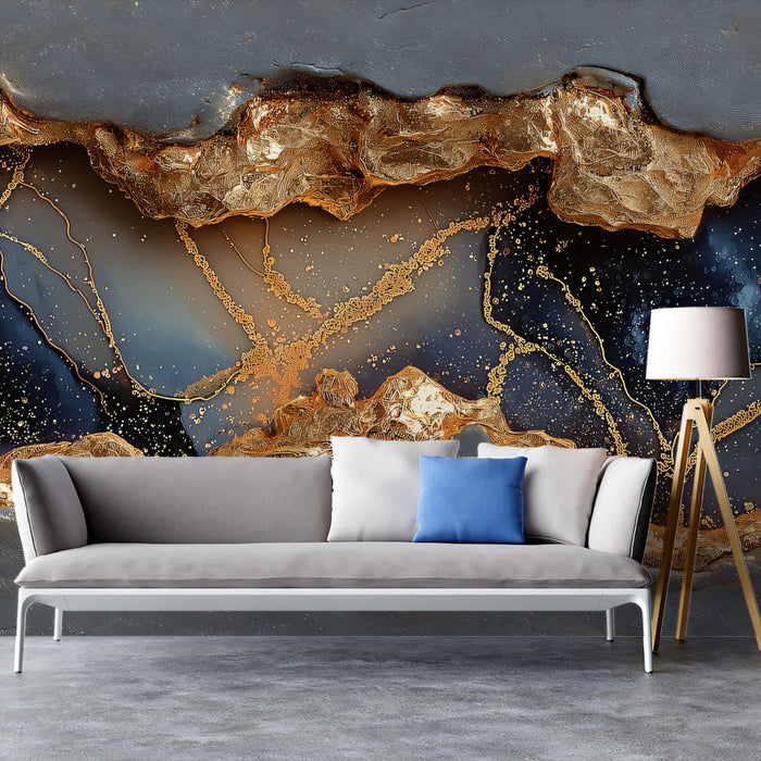 Dramatic feature wall in a living room displaying the deep charcoal and gold fissure wallpaper design.