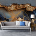 Dramatic feature wall in a living room displaying the deep charcoal and gold fissure wallpaper design.