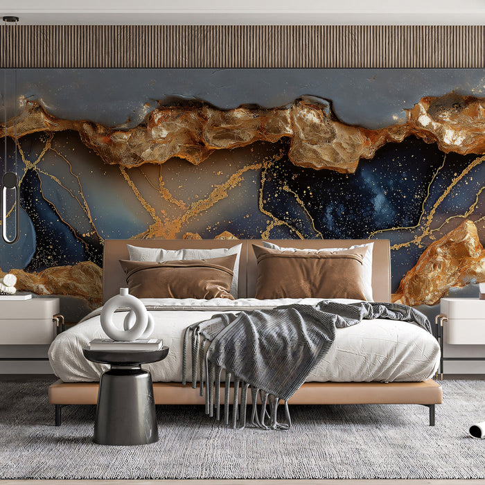 Moody home office featuring a charcoal and gold geode mural wallpaper on the back wall.