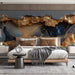 Moody home office featuring a charcoal and gold geode mural wallpaper on the back wall.