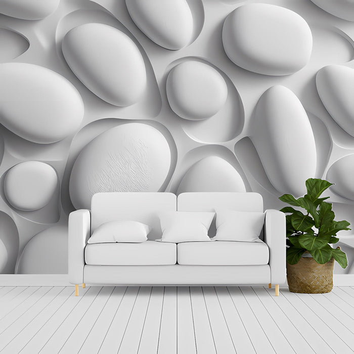 Bright bathroom interior decorated with a clean white organic sculptural wallpaper