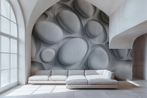Minimalist modern living room wall featuring a 3D stone-effect mural backdrop