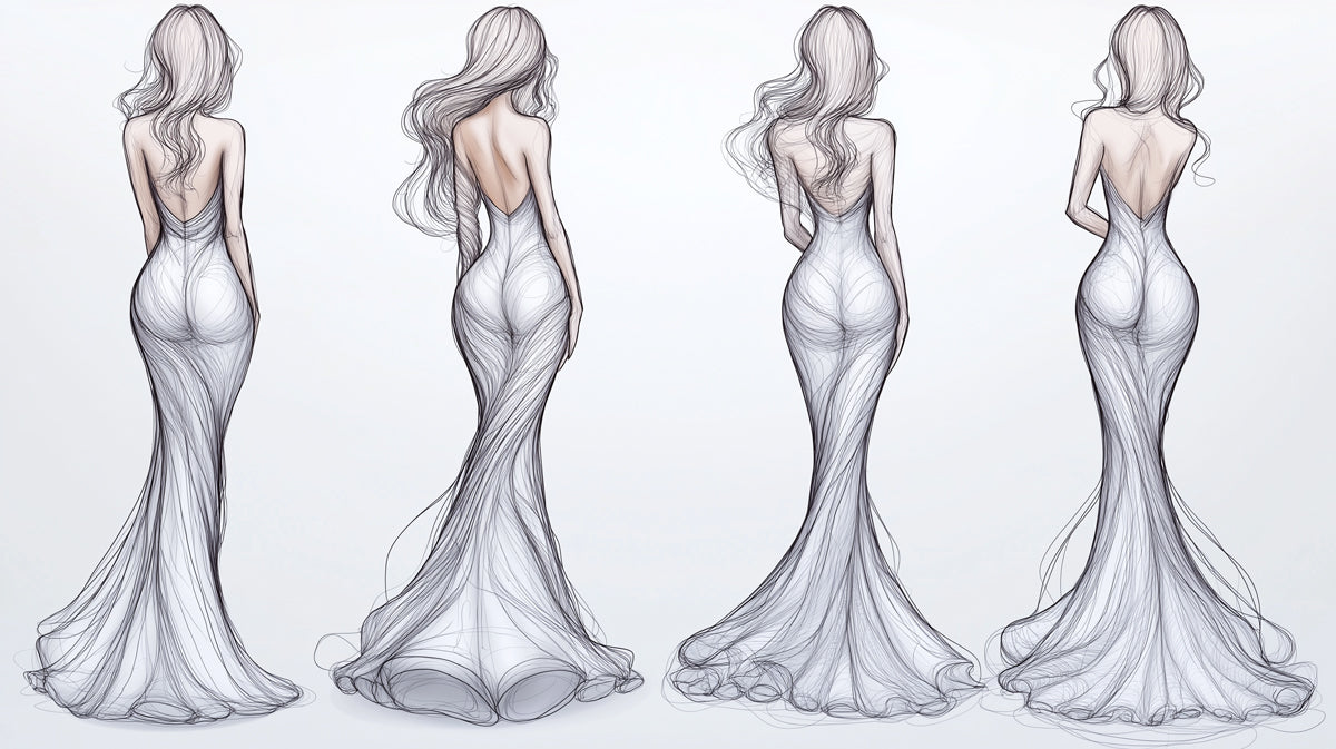 Four illustrative sketches of women in evening gowns using charcoal lines on white background