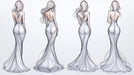 Four illustrative sketches of women in evening gowns using charcoal lines on white background