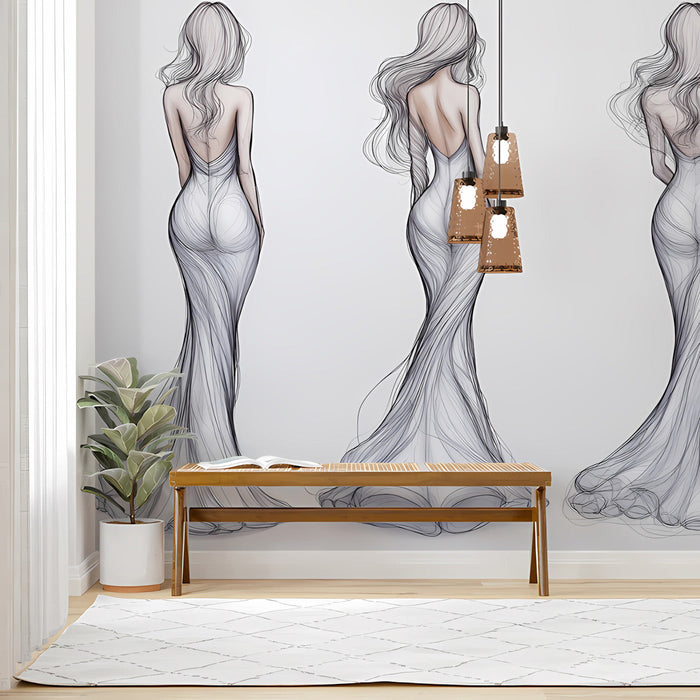 Minimalist bedroom wall featuring elegant fashion sketch mural as a refined headboard backdrop