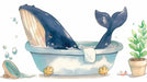 A whimsical watercolor mural of a deep blue whale relaxing in a light blue bathtub, surrounded by bubbles and a small plant.