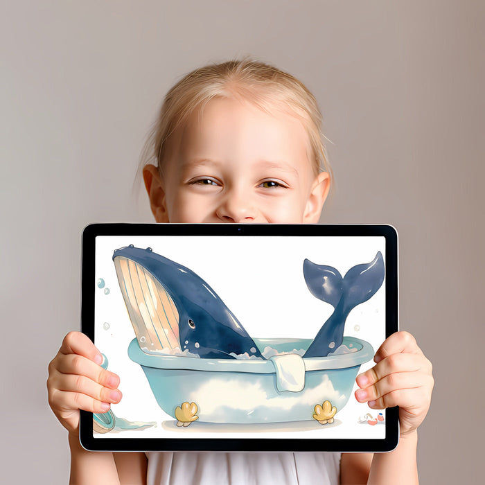 A modern, clean bathroom interior decorated with a gentle nautical-themed whale wallpaper for a serene, lighthearted feel.