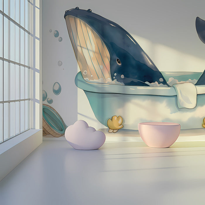 A cozy child's playroom space with the whale bathtub illustration, styled with soft furniture and wooden toy accents.