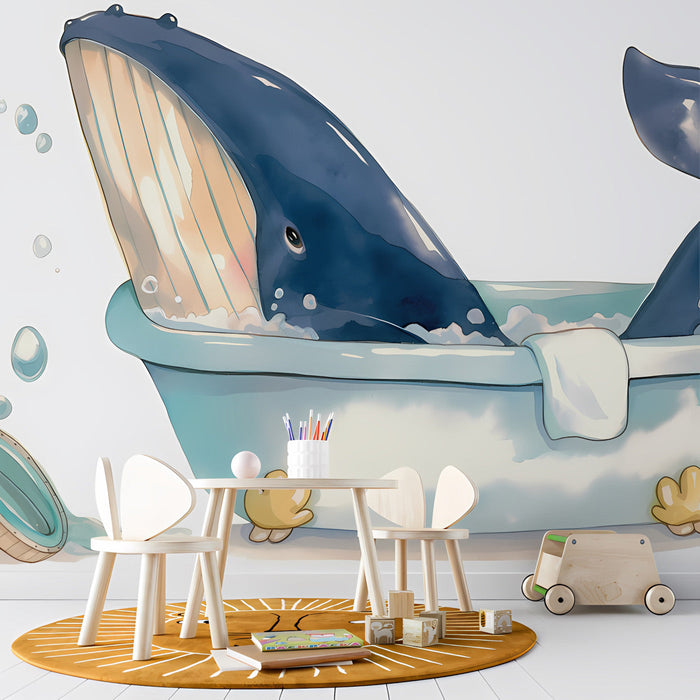 A bright nursery room featuring the whale bathtub mural on a feature wall, creating a playful and imaginative environment.