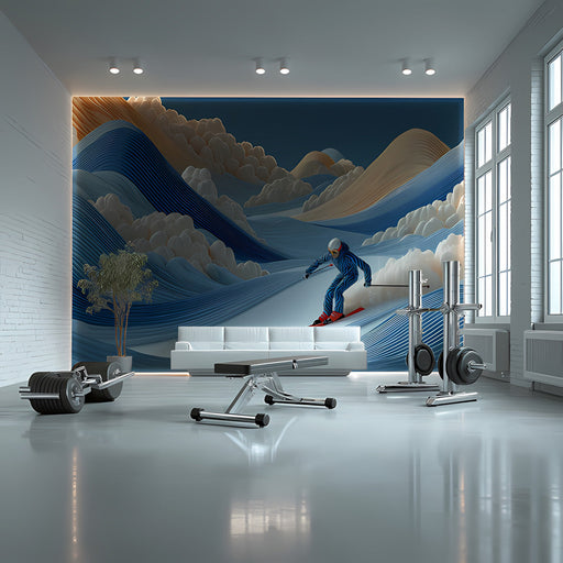 A minimalist bedroom design showcasing a textured, paper-cut style winter mountain mural.