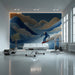 A minimalist bedroom design showcasing a textured, paper-cut style winter mountain mural.