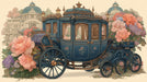 Ornate blue and gold royal carriage surrounded by oversized pink and lilac peony flowers on a cream background.