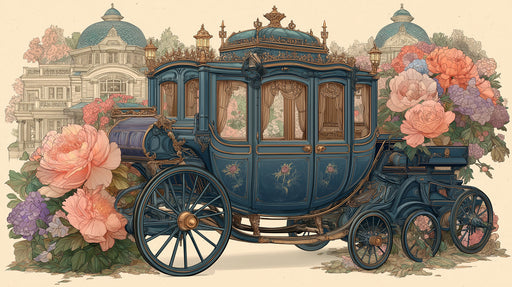 Ornate blue and gold royal carriage surrounded by oversized pink and lilac peony flowers on a cream background.