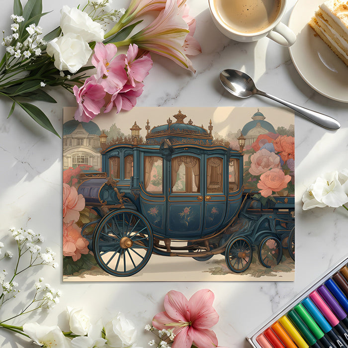 Whimsical home office featuring a carriage and floral pattern for a creative workspace.