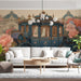 Decorative reading nook wall adorned with vintage-inspired carriage and garden flower mural.