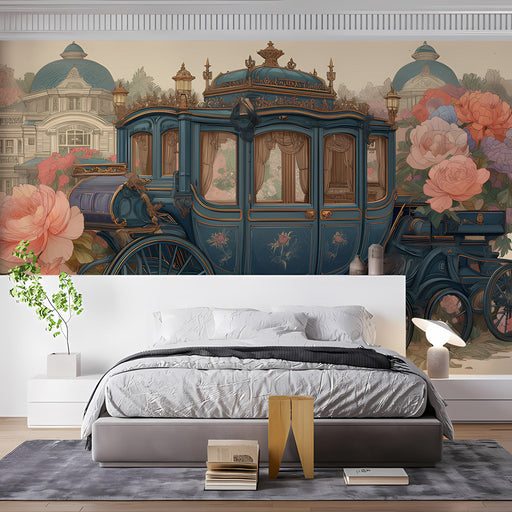 A cozy bedroom with a royal carriage wallpaper mural behind a velvet headboard.