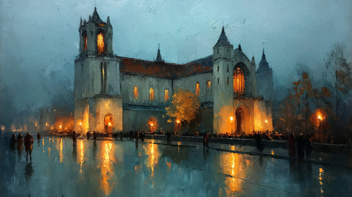 Oil painting style wallpaper mural of a cathedral at night with warm golden light reflecting on wet cobblestone streets.