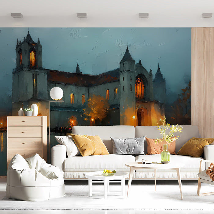 Spacious living room featuring the cathedral scene as a statement wall with soft, warm accent lighting.