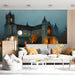 Spacious living room featuring the cathedral scene as a statement wall with soft, warm accent lighting.
