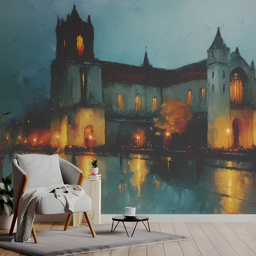 A sophisticated home library featuring the cathedral mural as a moody backdrop behind a dark wood desk.