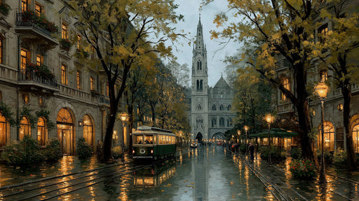 European city street with vintage green tram, golden trees, and stone architecture in an oil painting style.
