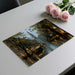A sophisticated home office interior decorated with a detailed European street scene wallpaper.