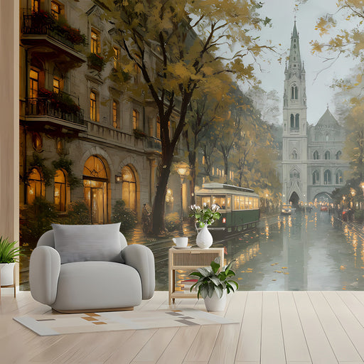 A cozy dining room featuring an old world city mural wallpaper on the main accent wall.