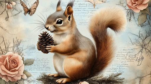 Vintage-style mural featuring a chestnut squirrel, dusty rose flowers, and butterfly motifs on a soft sepia script background
