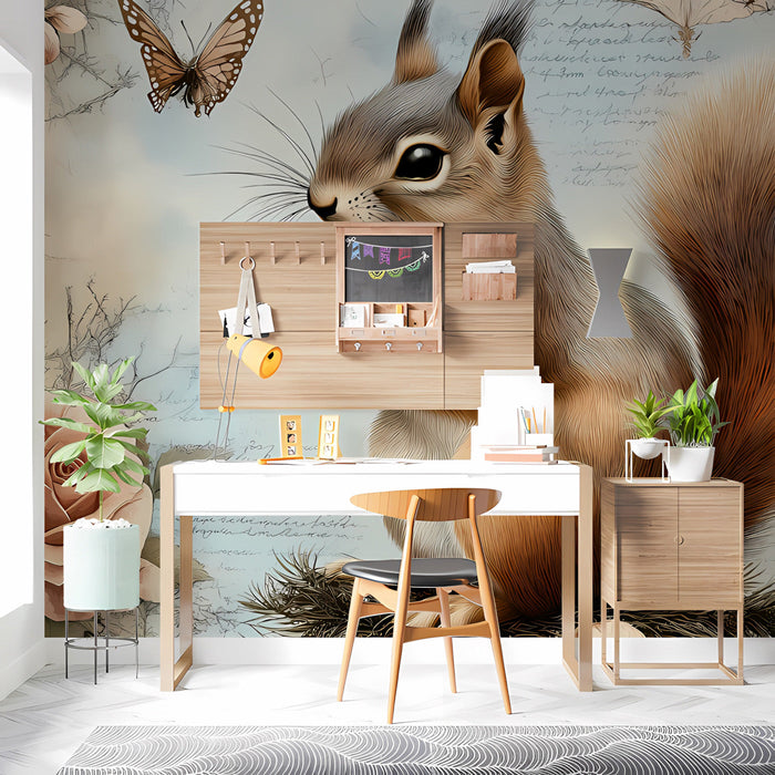 Whimsical squirrel wallpaper installed as a feature wall in a cozy bedroom with wooden accents