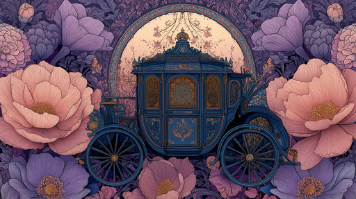 Ornate blue royal carriage surrounded by deep violet and dusty rose flower illustrations in a whimsical style.