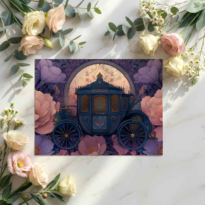 Eclectic dining room with a royal carriage wallpaper backdrop and modern table setting.