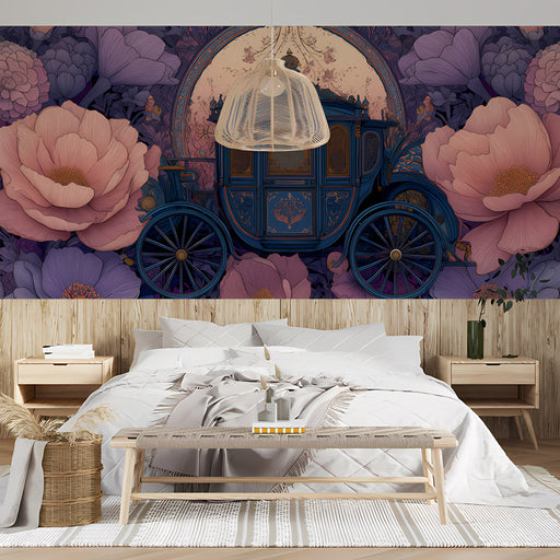 Sophisticated home study showcasing an intricate floral and carriage wall mural.