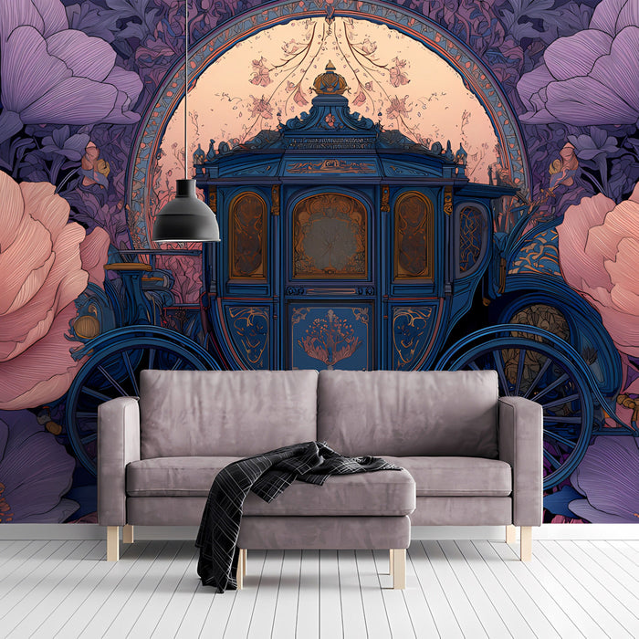 Whimsical bedroom featuring a floral carriage mural behind a velvet headboard.