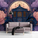 Whimsical bedroom featuring a floral carriage mural behind a velvet headboard.