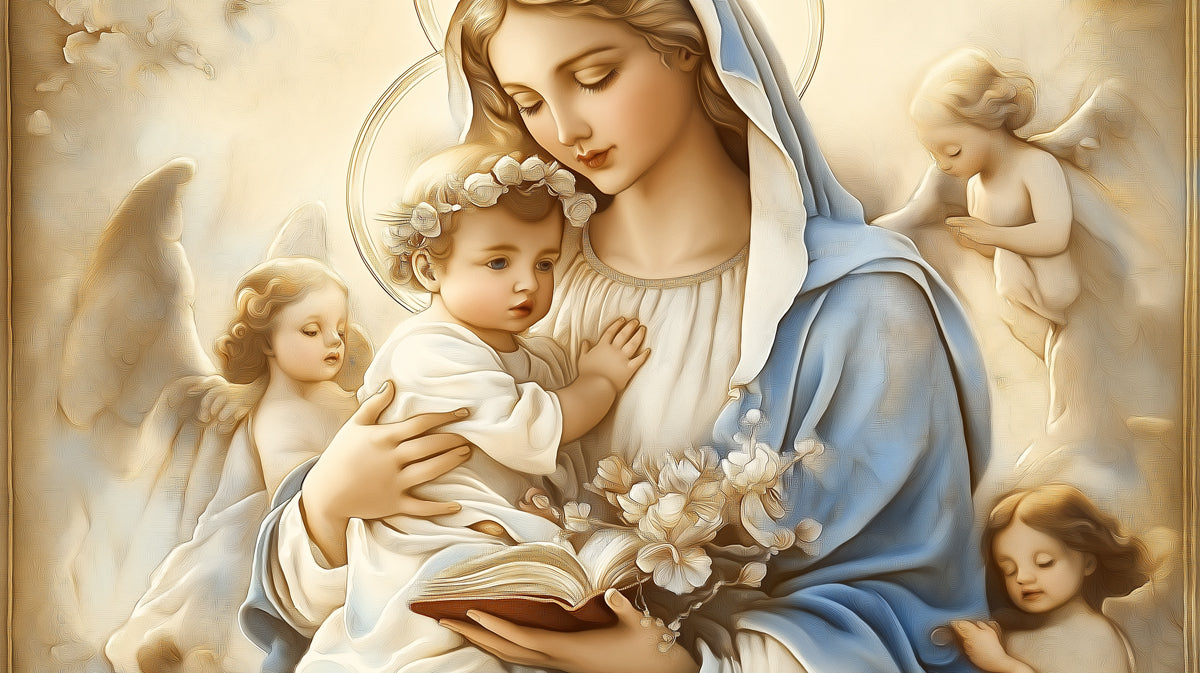 Madonna holding a child with cherubs in an oil painting style with blue and cream colors.