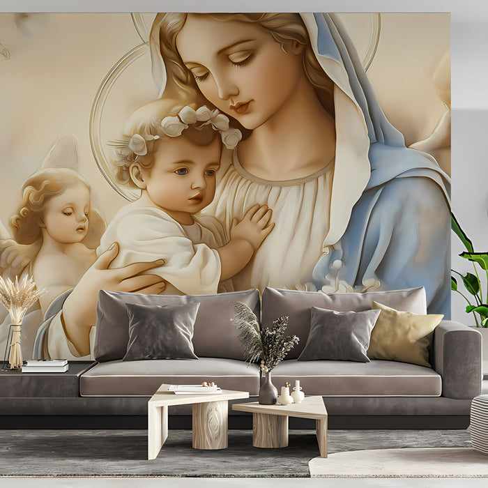 The Madonna and cherubs mural installed as an accent in a classic dining room.