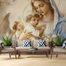 A serene bedroom feature wall with a classical Madonna and cherubs mural.