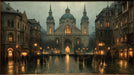 A rainy European city square at dusk with a large Gothic cathedral, warm glowing lights, and cobblestone streets in an oil painting style.