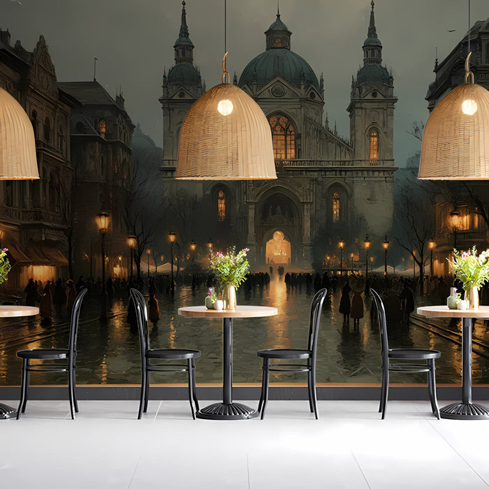 A sophisticated home library featuring the Gothic cathedral mural as a dramatic floor-to-ceiling focal point.