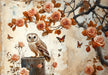 A painterly mural pattern featuring a brown owl on a tree stump, terracotta roses, and butterflies on a distressed cream background.