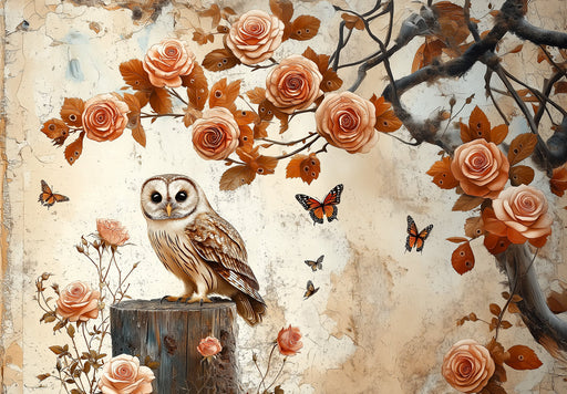 A painterly mural pattern featuring a brown owl on a tree stump, terracotta roses, and butterflies on a distressed cream background.