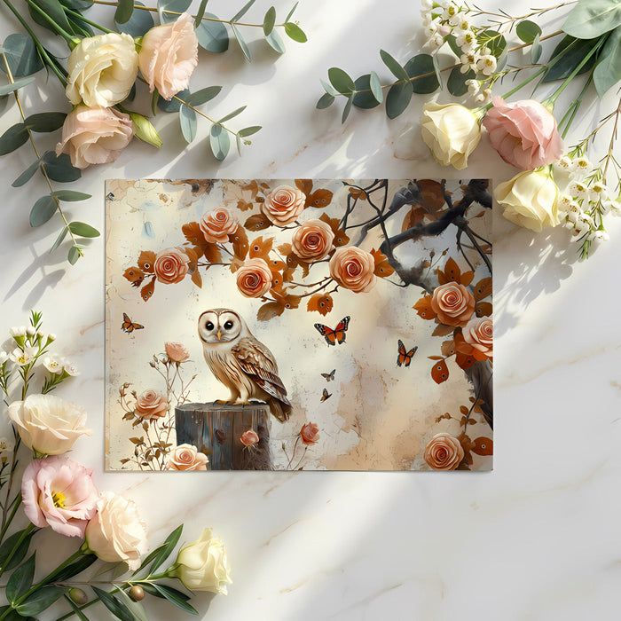 A vintage-style rose and owl wallpaper design displayed in a bright, quiet reading nook with an armchair.