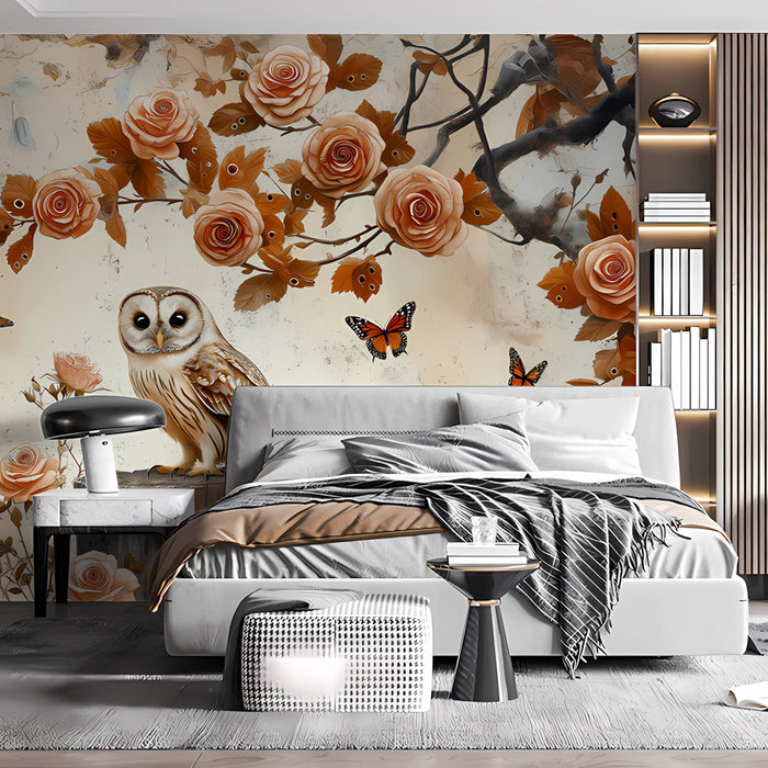 Whimsical owl garden mural featured in a home office space with warm wooden accents.
