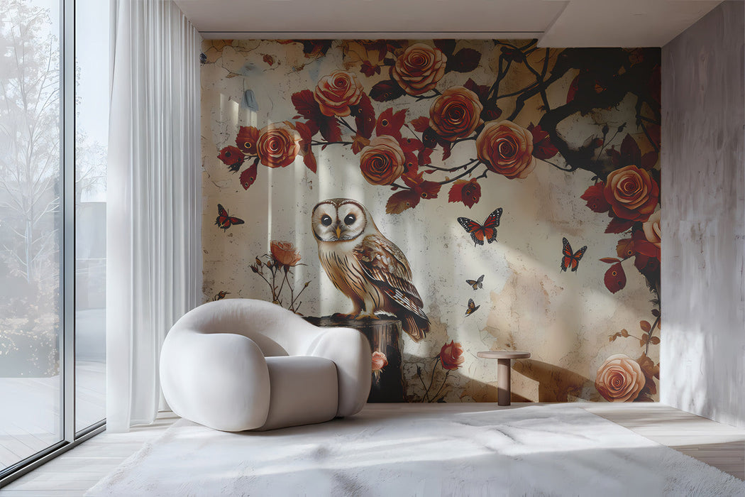 The owl and rose mural installed in a cozy nursery with a wooden crib and neutral decor.