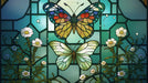 Stained glass style wallpaper pattern with butterflies and white wildflowers in teal and ochre hues