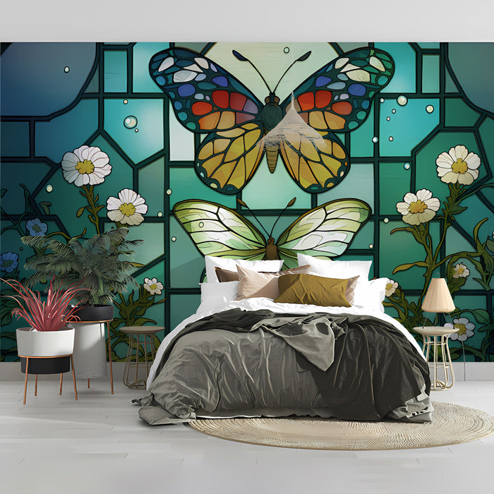 Whimsical butterfly and botanical stained glass wallpaper in a creative home office space