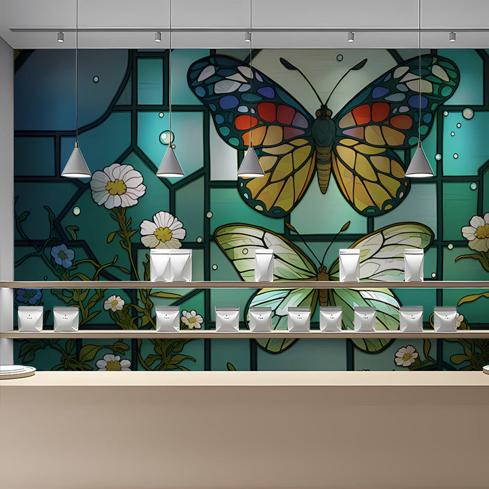 Stained glass butterfly mural installed on a feature wall in a sun-drenched dining room