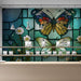 Stained glass butterfly mural installed on a feature wall in a sun-drenched dining room